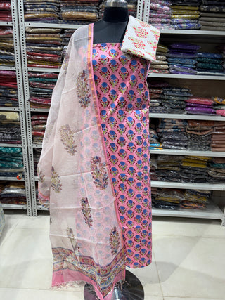 Cotton Handblock Office Wear Suit fabric with Kota Doria Dupatta (Code : 979)