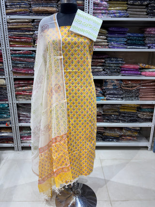 Cotton Handblock Office Wear Suit fabric with Kota Doria Dupatta