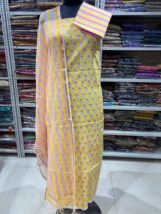 Cotton Handblock Office Wear Suit fabric with Kota Doria Dupatta