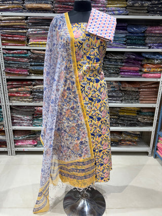 Light Yellow Cotton Handblock Office Wear Suit fabric with Kota Doria Dupatta