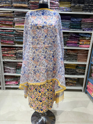 Light Yellow Cotton Handblock Office Wear Suit fabric with Kota Doria Dupatta