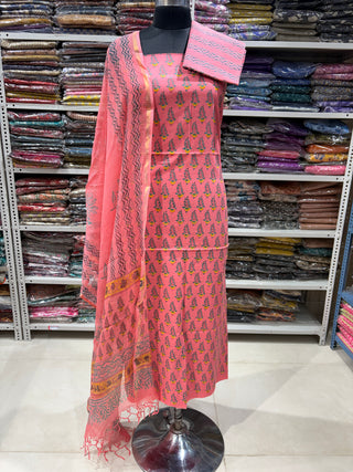 Cotton Handblock Office Wear Suit fabric with Kota Doria Dupatta