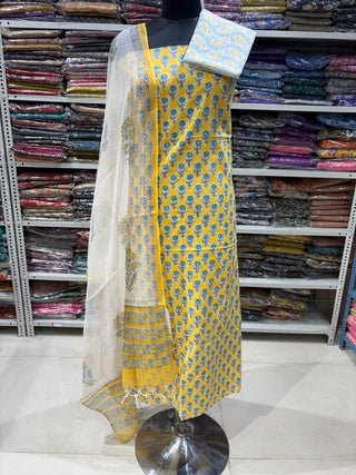Cotton Handblock Office Wear Suit fabric with Kota Doria Dupatta