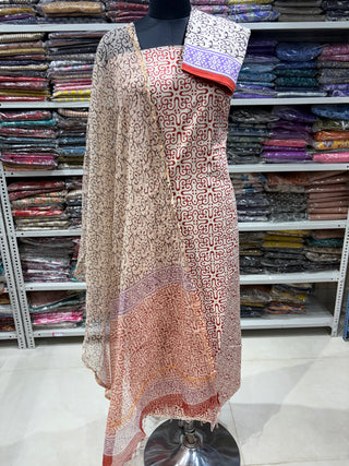 Cotton Handblock Office Wear Suit fabric with Kota Doria Dupatta