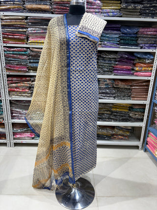 Cotton Handblock Office Wear Suit fabric with Kota Doria Dupatta