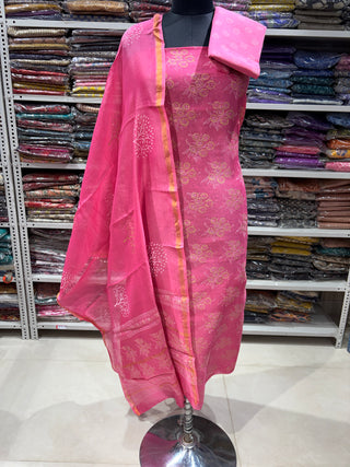 Handblock Chanderi Suit Material with Chanderi Dupatta(Lining Included)