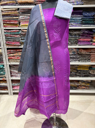 Handblock Chanderi Suit Material with Chanderi Dupatta(Lining Included)
