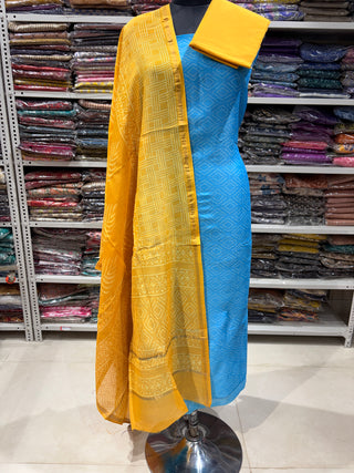 Handblock Chanderi Suit Material with Chanderi Dupatta(Lining Included)