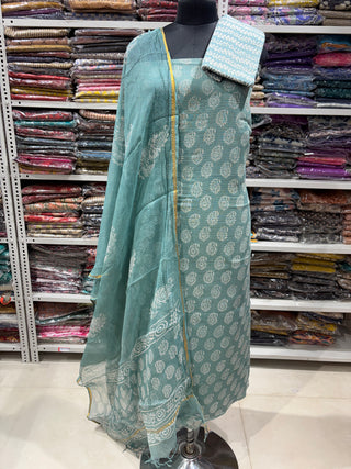 sea green Hand block kota doria suit set for office wear (with extra lining included)