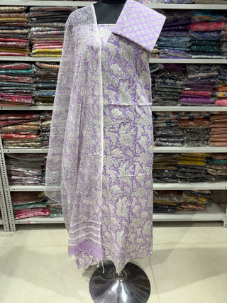 Cotton Handblock Office Wear Suit fabric with  Sanganeri Kota Doria Dupatta