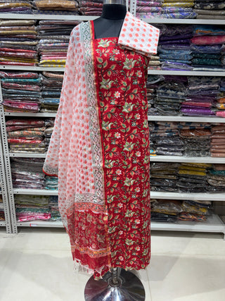 Cotton Handblock Office Wear Suit fabric with Kota Doria Dupatta (Suit Fabric #2460)