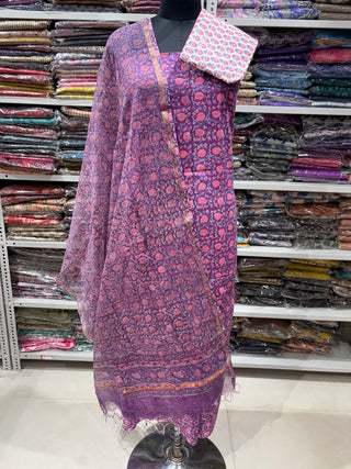 Cotton Handblock Office Wear Suit fabric with Kota Doria Dupatta (Suit Fabric #2390)