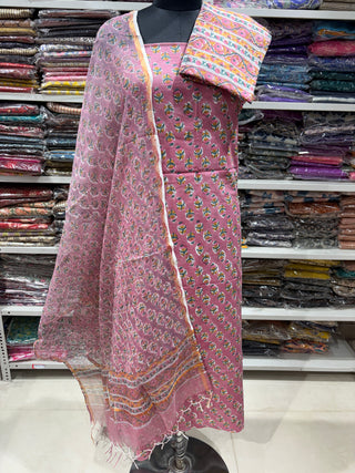 Cotton Handblock Office Wear Suit fabric with Kota Doria Dupatta (#2394)