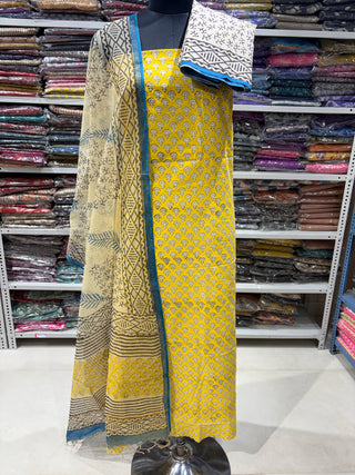 Yellow Cotton Handblock Office Wear Suit fabric with Kota Doria Dupatta