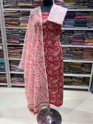Hand block kota doria suit set for office wear (with extra lining included)