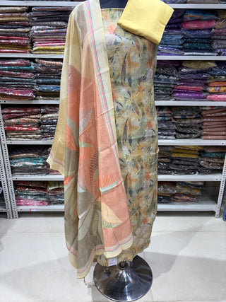 Muslin Party Wear Suit Fabric with printed muslin dupatta