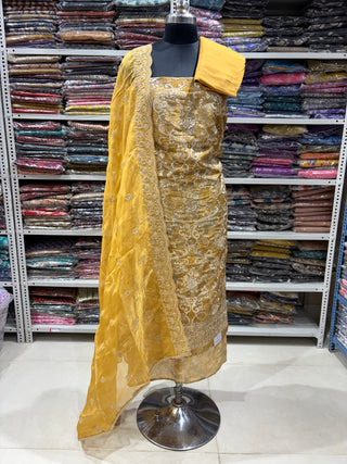 Mustard Silk Party Wear Designer Suit fabric with soft organza dupatta