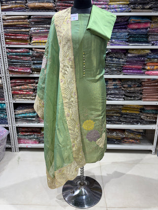 Green Tissue Shimmer Party Wear Suit Dress Material fabric with Tissue Dupatta
