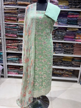 Sea Green Wrinkled Organza Party Wear Designer Suit fabric with pure chiffon dupatta