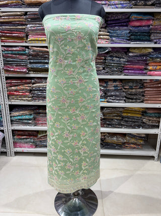 Sea Green Wrinkled Organza Party Wear Designer Suit fabric with pure chiffon dupatta