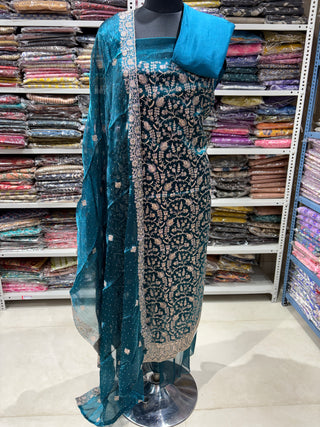 Bottle Green Color Crushed Shimmer Party Wear Designer Suit fabric with dupatta