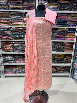 Pink Wrinkled Organza Party Wear Designer Suit fabric with pure chiffon dupatta