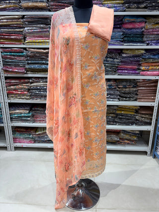 Peach Wrinkled Organza Party Wear Designer Suit fabric with pure chiffon dupatta
