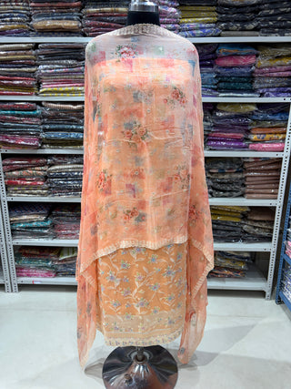 Peach Wrinkled Organza Party Wear Designer Suit fabric with pure chiffon dupatta