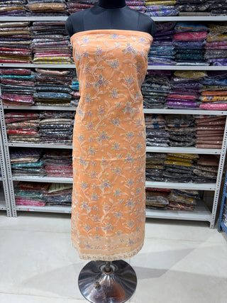Peach Wrinkled Organza Party Wear Designer Suit fabric with pure chiffon dupatta