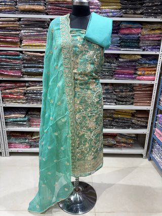 Sea Green Silk Party Wear Designer Suit fabric with soft organza dupatta