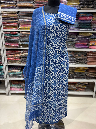 Indigo color Handblock Office Wear Suit fabric with Kota doria Dupatta