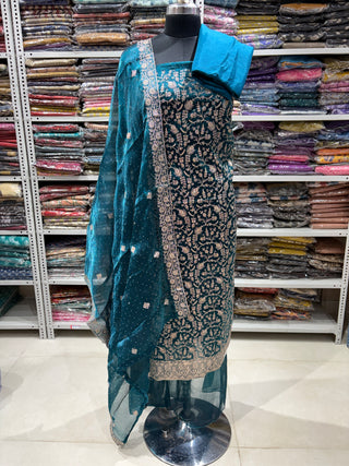 Bottle Green Color Crushed Shimmer Party Wear Designer Suit fabric with dupatta