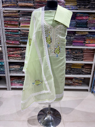 Light Green Kota Doria Embroidery Lace Work Floral Party Wear Suit (with extra lining included) Hand block kota doria suit set