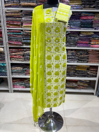 Cotton Office Wear Green Suit with Chiffon Dupatta
