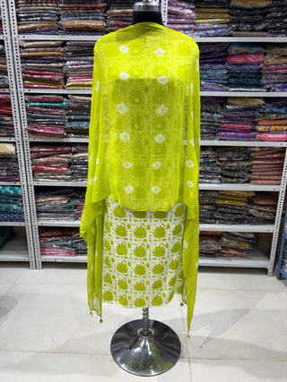 Cotton Office Wear Green Suit with Chiffon Dupatta