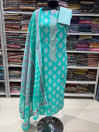 Sea Green Color Pure Cotton Office Wear Suit Fabric with neck patch Cotton Dupatta