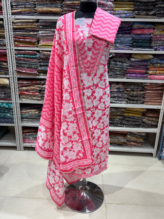 Pink Color Pure Cotton Office Wear Suit Fabric with V neck embroidery Cotton Dupatta