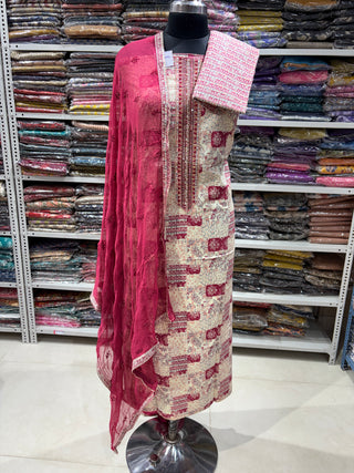 Red Office Wear Suit fabric with Chiffon Dupatta