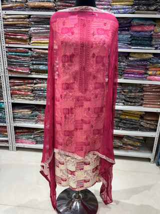 Red Office Wear Suit fabric with Chiffon Dupatta