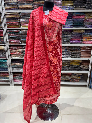 Red Cotton Office Wear Suit Fabric with Cotton Dupatta