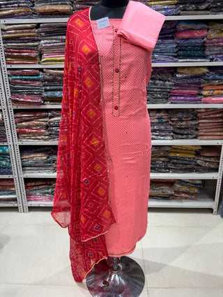 Premium Cotton Suit with gotaa patti work on neck and Bandhini dupatta