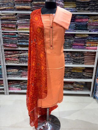 Premium Cotton Suit with gotaa patti work on neck and Bandhini dupatta