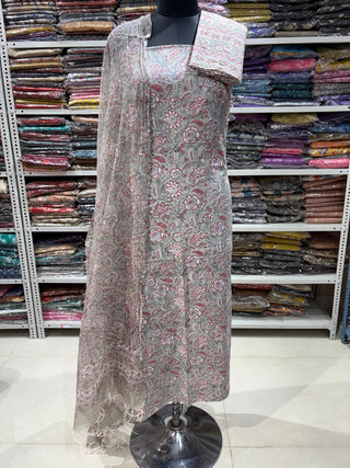 Premium Cotton Block Print Office Wear Suit fabric with Kota Doria Dupatta (44 inch width) and Heavy Bottom