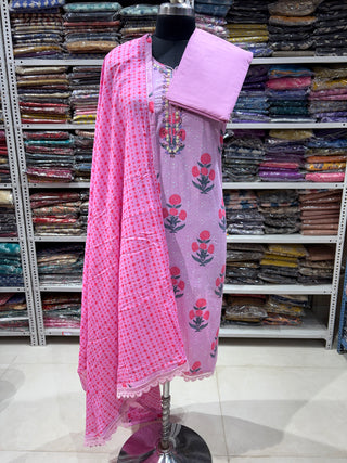 Pure Cotton Office Wear Suit with  Cotton Dupatta Fabric with neck embroidery