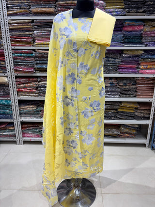 Yellow Office Wear cut work Suit fabric with cut work Cotton Dupatta