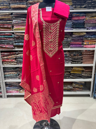 Rani color Party Wear Suit with Neck embroidery and silk dupatta