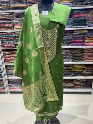 Green Party Wear Suit with Neck embroidery and silk dupatta