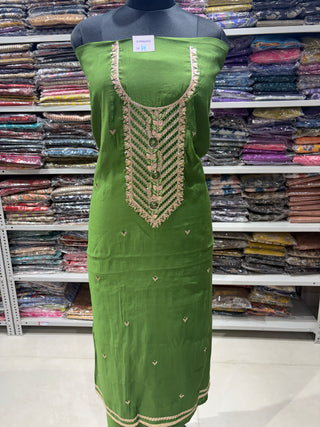 Green Party Wear Suit with Neck embroidery and silk dupatta