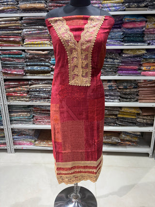 Red Party Wear Designer Suit fabric with muslin dupatta