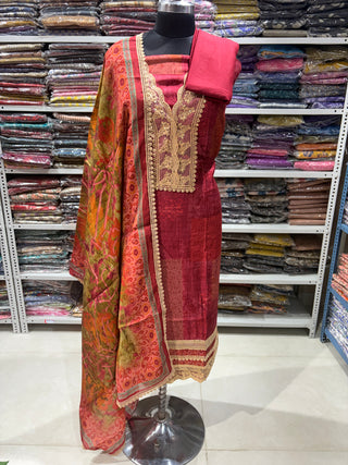 Red Party Wear Designer Suit fabric with muslin dupatta